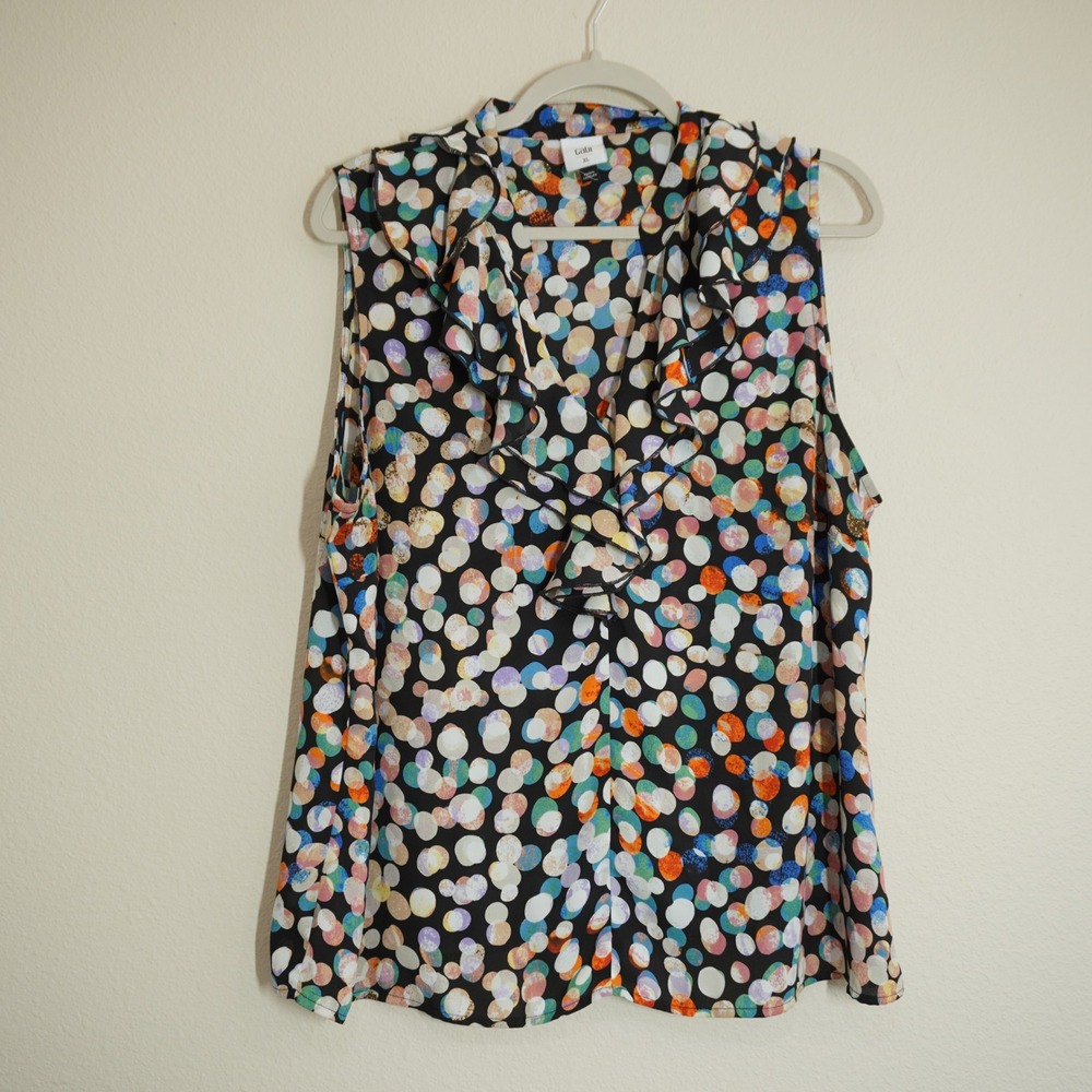 Cabi Size XL Ruffle V-Neck Sleeveless Blouse Multi Color Polka Dot Print Top